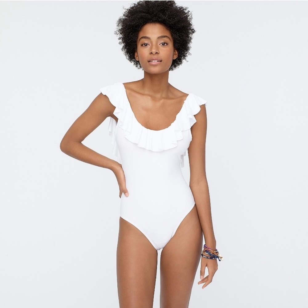 J. Crew Ruffle Scoopback One Piece Padded White Beach Bathing Swimsuit Size 4